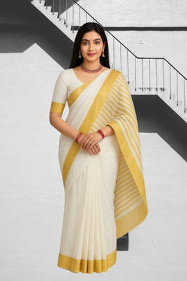 SHRISAREEESa Striped Bollywood Pure Cotton Saree(White)
