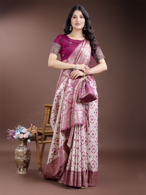 Tasrika Woven Banarasi Cotton Linen Saree(White, Pink)
