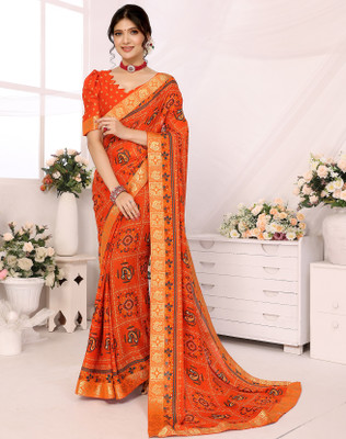 YASHIKA Printed, Digital Print Daily Wear Georgette, Lace Saree(Orange)