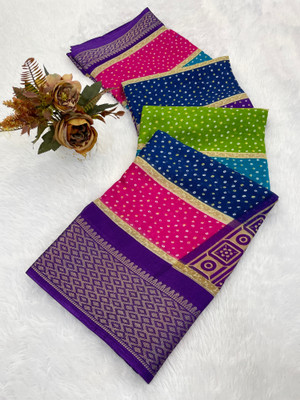 KV Fashion Printed Bandhani Silk Blend Saree(Multicolor)