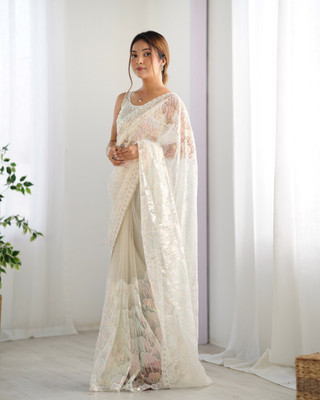 Sangria Printed Bollywood Net Saree(White)