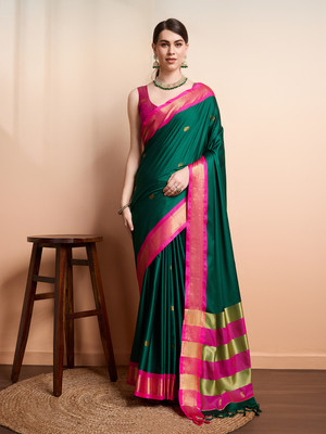 SGF11 Self Design Handloom Silk Blend Saree(Dark Green)