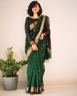MIRMAN Woven Kanjivaram Pure Cotton Saree(Green)