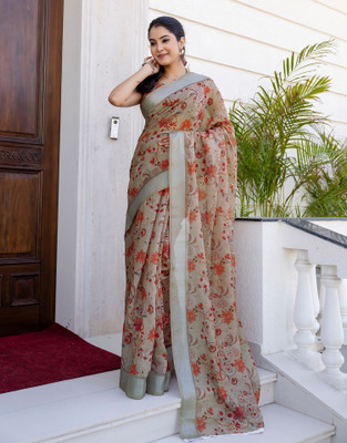 all about you Floral Print, Woven, Embellished Bollywood Linen Saree(Beige)