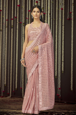 DIVINE INTERNATIONAL TRADING CO Embroidered Bollywood Georgette Saree(Pink)