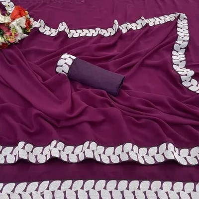 OKTAT Solid/Plain Bollywood Georgette Saree(Maroon, White)