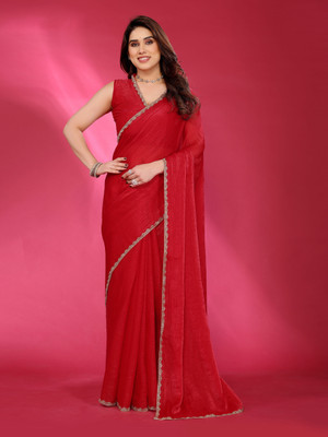 supremesarees Solid/Plain Banarasi Organza Saree(Red)