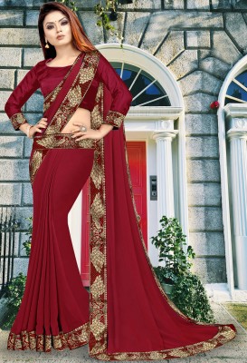 Anugrah Textile Solid/Plain Banarasi Lycra Blend, Chiffon Saree(Maroon)