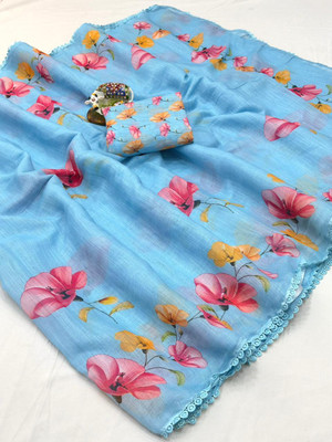2SD gratitude Floral Print, Printed, Digital Print Daily Wear Cotton Linen, Linen Saree(Blue)