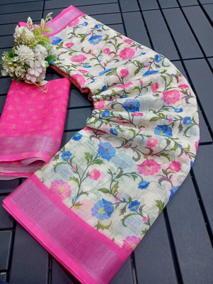 PRTRENDZ Printed Kanjivaram Cotton Linen, Linen Saree(Pink)