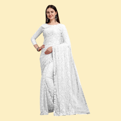 nexxxa Printed Banarasi Lycra Blend Saree(White)