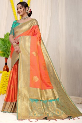 sarjan creation Woven Banarasi Jacquard Saree(Orange)