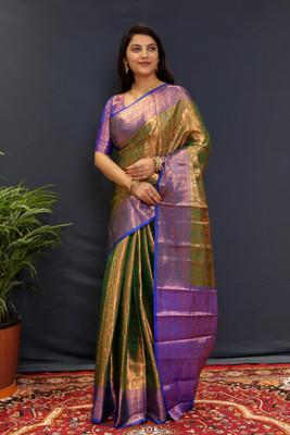 HouseOfCommon Self Design Banarasi Cotton Silk, Jacquard Saree(Green)