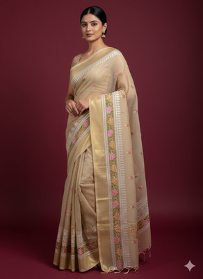 LYANNA Embroidered Lucknow Chikankari Handloom Tussar Silk Saree(Cream)