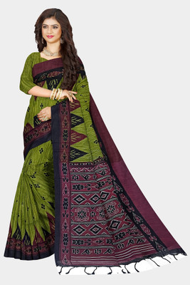 TRFASHIONHUB Printed Sambalpuri Cotton Blend Saree(Green)