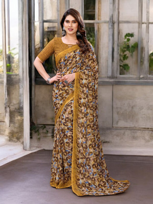 The Textile Hub Floral Print Bollywood Georgette Saree(Yellow)