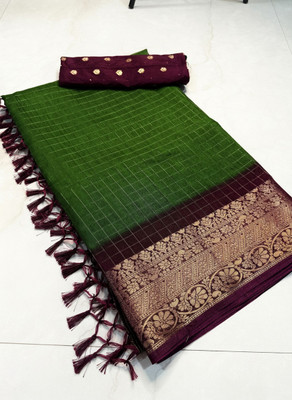 Lincy Checkered, Woven Bollywood Cotton Silk Saree(Green)