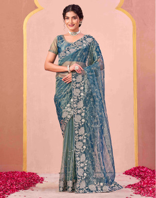 Satrani Embroidered Bollywood Net Saree(Blue)