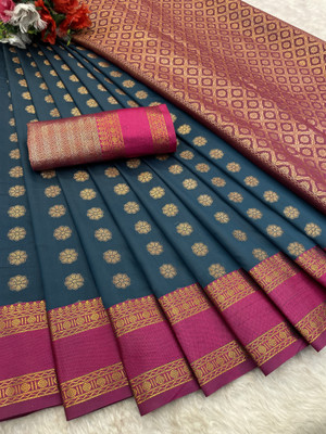 jaygurudev Printed, Woven Bollywood Pure Silk Saree(Dark Blue)