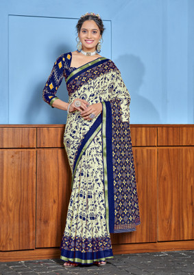 Divastri Printed Chanderi Cotton Blend Saree(Cream, Dark Blue)