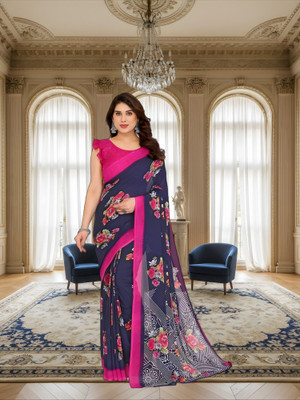 SmittenSmit Printed Bollywood Georgette Saree(Dark Blue, Pink)
