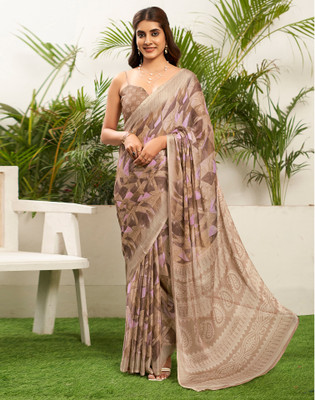 Satrani Floral Print, Printed Daily Wear Chiffon Saree(Beige, Multicolor)