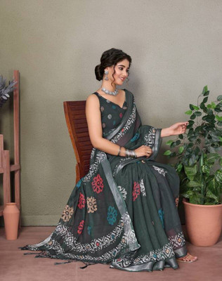 Soor Panchi Digital Print Leheria Cotton Linen Saree(Green)