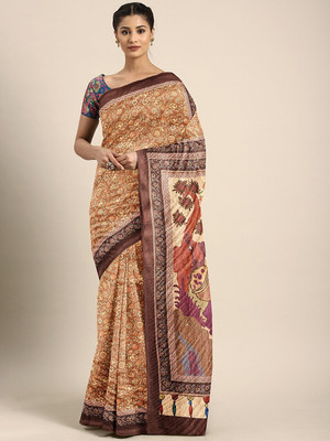 Saanjh Floral Print Saree with Attached Blouse Silk Blend Saree(Mustard)