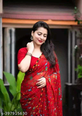 MB Shopee Graphic Print Kalamkari Georgette Saree(Red)