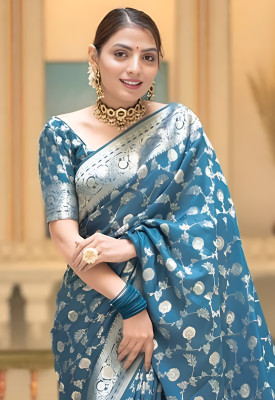 YASHIKA Woven Banarasi Cotton Silk, Jacquard Saree(Blue)