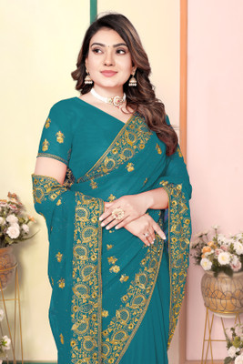 CHAMUNDA CREATION Embroidered Bollywood Georgette Saree(Light Green)