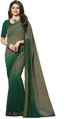MEETVIN COUTURE Printed, Self Design, Hand Painted, Ombre, Embellished, Graphic Print, Floral Print Bollywood Georgette, Chiffon Saree(Dark Green)