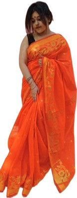 BongAp Printed Handloom Pure Cotton Saree(Orange)