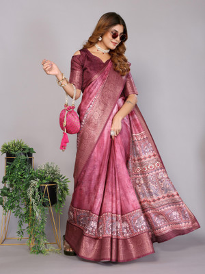 ALAGINI Woven Kalamkari Silk Blend Saree(Maroon)