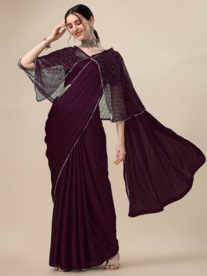 FABMORA Embellished, Solid/Plain Bollywood Satin Saree(Purple)