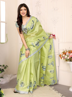 YASHIKA Printed Kalamkari Silk Blend, Art Silk Saree(Green)