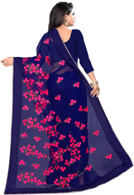 Elegance Avenue Floral Print Bollywood Net Saree(Dark Blue)
