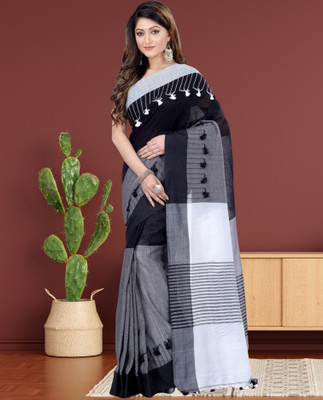 TANTLOOM Striped Handloom Pure Cotton Saree(White, Black)