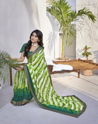 YASHIKA Printed Bollywood Georgette, Lace Saree(Green)
