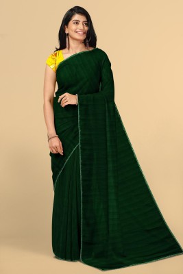 Kalamandir Striped Daily Wear Silk Blend Saree(Dark Green)