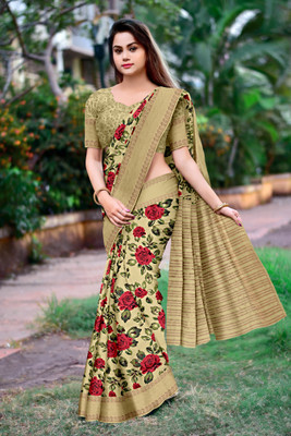 HouseOfCommon Floral Print Daily Wear Tussar Silk Saree(Cream)