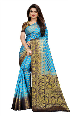 iZibra Self Design, Woven Banarasi Pure Silk, Art Silk Saree(Dark Blue, Light Blue)
