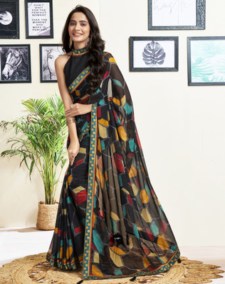 SIRIL Printed, Embellished Bollywood Chiffon, Georgette Saree(Black, Multicolor)