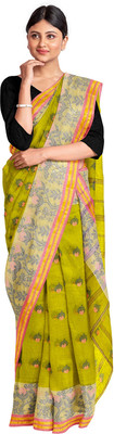 dreamy textiles hub Printed Tant Handloom Pure Cotton Saree(Green)