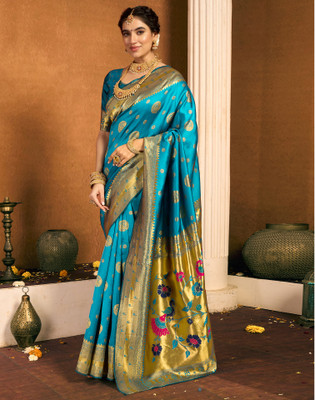 Satrani Woven, Embellished Paithani Silk Blend, Jacquard Saree(Blue)