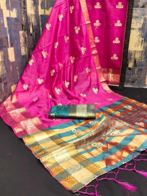 MAANVIT Woven Kanjivaram Cotton Silk, Pure Cotton Saree(Pink)