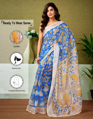 Samah Floral Print, Printed, Embellished Bollywood Linen Saree(Blue)