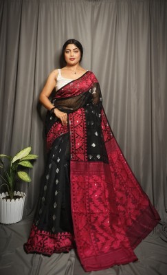 PRAVATI FASHION Woven Jamdani Cotton Silk Saree(Black, Red)