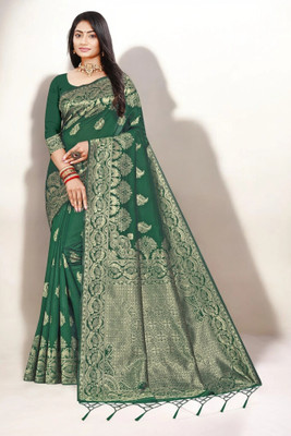 Pikham Self Design Banarasi Art Silk Saree(Dark Green)