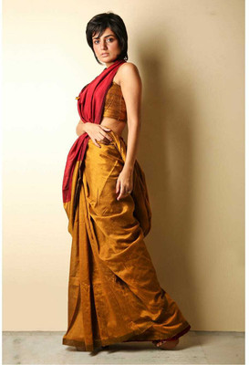 Anjali textile Woven Handloom Cotton Blend Saree(Gold)
